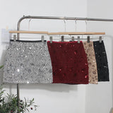 Pbong  New Autumn Winter Women Sequins Mini Skirts Waist Back Zipper Solid Color Above Knee Non Stretch Slim A Line Bling Skirt