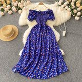 Pbong  Romantic Floral Print Long Dress  New Summer Off Shoulders Puff Sleeve Big Swing Women Dress Korean Party Vestidos