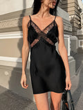 Pbong  Solid Loose Spliced Lace Chic Dress for Women V Neck Sleeveless Luxury Temperament Dresses Female Summer Fashion