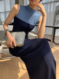 Pbong  Knitted Maxi Dresses for Women  Contrast Color Temperament Robe Femme Sleeveless Slim Summer Split Dress