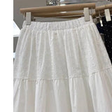 Pbong  White Embroidered Lace Cotton High Waist Midi Skirt Slimming Splice Cake Style Half-length Women's Spring Summer New Fashion