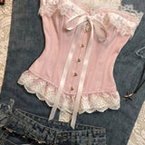 2000s Japanese Style Harajuku Slim Camis Y2k American Vintage Sexy Hot Girl Sleeveless Top French Elegant Lace Patchwork Tanks