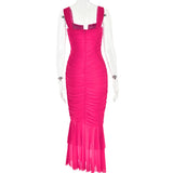 Pbong  Strap Fishtail Hem Long Dresses Sexy Bag Hip Backless Hottie Dress Summer Pleated V-Neck Chic Design Stretch Bodycon Dress Women