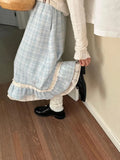 Autumn Winter Y2k Skirts Blue Plaid Woolen Vintage Plaid Lace Splicing Skirt High Waist Slimming A Word Long Skirt