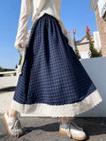 Pbong  Sweet Plaid Long Skirts Women Preppy Style Loose Elegant A Line Skirt Vintage High Waist Lace Patchwork Cute Female Skirts
