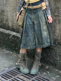 Women 2000s Harajuku Fashion Jean Midi Skirt Denim Midi Pleated A-line Skirts Dark Academia Y2k Preppy Japanese Grunge Gyaru New