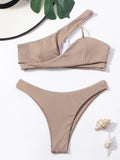 Rib One Shoulder Bikini Set Thong Swimsuit Women Solid Padded Swimwear Female Sexy Bathing Suit Swimming Summer Beachwear