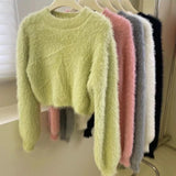 Women's Fuzzy Knitt Top Long Sleeve Mock Neck Fluffy Sweater Pullovers Cozy Plain Jumper Teen-girl Fall Winter Y2K Outfit