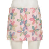 Pbong  Holiday Flower Textured Short Slimming Skirts Women Summer Low Waist All Match Mesh Patchwork Mini Skirt Y2K Aesthetics