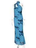 Fashion Print Ribbon Strapless Dress For Women Slim Halter Neck Elegant Long Dress Summer Fashion Vacation Ladies Dress