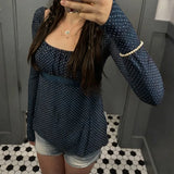 Pbong  Euramerican Sweet Fashion Popular Polka Dot Print T Shirts Y2k U Neck Long Sleeve Lace A-line Women Clothes High Street Punk Top