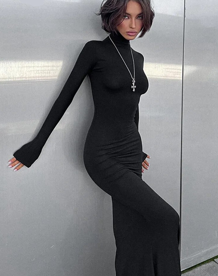 Maxi Bodycon Dress Women Long Sleeve Outfits Elegant Fashion Sexy Party Evening Club Wrap Black Winter Dress Turtleneck