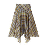 Pbong  Women New Design Asymmetric Hem A-line Mid-rise Plaid Midi Skirts Thin faldas mujer