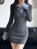 Korean Preppy Plaid Patchwork Button Lapel Women’s Dresses Elegant Fairy Fashion Slim Contrast Short Vestido 2024s New