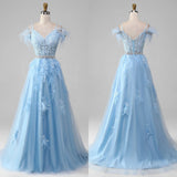 Pbong  High Quality  V-neck Backless Feathers Floor Length Blue Appliques Lace Belt Thin Suspenders Sleeveless Party Dresses