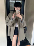 Korean Chic Elegant Jacket Women Loose Design Double Sided Wear Plaid Coat Fall Fashion Long Sleeve Sweet Pockets Outwear