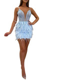 Party Dress for Women Sexy Clothing Fashion V-neck Short Feather Banquet Evening Dress Straps Mini Skirts Woman Clothes