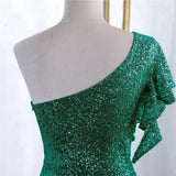 Pbong  Sequin Ruffle Formal Dresses One Shoulder Mermaid Evening Gown Sparkly Long Maxi Dress with Slit