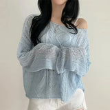 Long Sleeve Crochet Top Cable Knit Summer Beach Bikini Cover Up Crop Pullover Openwork Blouse Women Vacation Boho Outfit