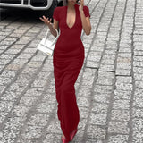 Pbong  Sexy Slim Long Dresses For Women Summer Short Sleeve V-neck Bodycon Maxi Dress Elegant Vestidos