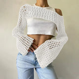 Pbong  New Harajuku Grunge Solid Slash Neck Women Crop Pullovers Y2k Aesthetic Knitted Sexy Sweaters Streetwear Hollow Out Autumn Tops