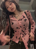 Korean Fashion Designer Butterfly Y2k Fashion Women Shirts Blouses Long sleeve Top Elegant Youth Clothing Sexy Shirt