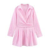 French Fashion Striped V-neck Long Sleeve Short Dress Chic Loose Single Breasted Pleat Summer Dress New Female Clothing