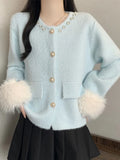 Elegant Pearls Sweet Cardigan Women Vintage O Neck Faux Mink Cashmere Knitted Sweaters Korean Casual Long Sleeve Loose Tops