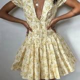 Pbong  French sweet style summer new sexy deep V slim waist short sleeved pleated floral skirt