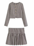 2025 New Spring Houndstooth Tweed Short Coat And Pleated Skirt Women Sets Single Breasted Retro Jacket + High Waist Skirt Suit
