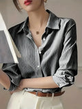 Pbong  Elegant Long Sleeve Loose Shirt Women  Autumn Fashion Turn-down Collar Striped Print Blouses And Tops