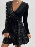 Pbong  Women's V-neck Sexy Long Sleeved Sequined Solid Color Dress High Street Fashion Elegant Party Evening Dresses