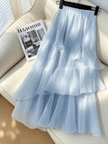 Chic Ruffles Chiffon Long Skirt Women High Waist Elegant Fashion Sweet Skirts Korean Casual Soft Female Blue Long Skirt New
