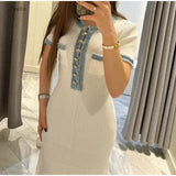 Denim Patchwork Kinitting Fashion Long Dress Tight Single Breasted Chic White Women Dress Versatile Street Summer Spring Vestido