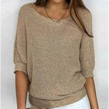 Pbong  Autumn Spring Solid Casual Knitwear Pullover Loose Tops Women O-Neck 3/4 Long Sleeve Knitwear Sweaters