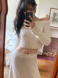 Slash Neck Long Sleeve T-shirt And Long Skirt Suit 2pcs Hollow Out Knit Vacation Women Sets 2025 Summer Spring Female Clothing