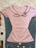 Pbong  2000s Harajuku Vintage Tops Japanese Style Sweet Bow Polka Dot T Shirts Y2k Casual Short Sleeve Korean Fashion Lolita Tees Chic