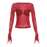 Y2K Aesthetics Women Mesh Sheer Crop Tops Hotsweet Lace Splic Slim T-shirts E-girl Sexy Clubwear See through Blouses