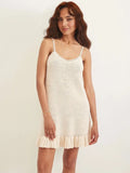 Fashion White Crochet Knit Ruffle Hem Mini Dress Women Sleeveless Backless Loose Sling Dresses Summer Holiday Beach Robes