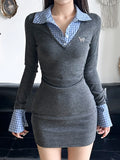 Korean Preppy Plaid Patchwork Button Lapel Women’s Dresses Elegant Fairy Fashion Slim Contrast Short Vestido 2024s New
