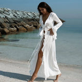 Sexy Hotgirl Ruffle White Cardigan Beach Bikini Thin Sunscreen Clothes Flare Sleeve Transparent Summer Cover-up Women Long Dress