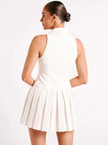 Fashion Pleated Skirt Two Piece Set For Women V Neck Sleeveless Tops And Pleated Mini Skirt Femme Elegant Skirt Sets