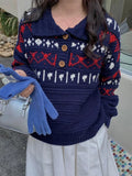 Retro Women Print Sweater Casual Korean Lazy Wind Sweet Knitted Jumpers Fall Winter Lady Long Sleeve Vintage Soft Pullover