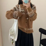 Fair Isle Sweater Cardigan Women Long Sleeve Button-Up Crewneck Knitted Jacket Cardi Female Knitwear Fall Winter Vintage Outfit