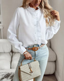 Pbong  Elegant Work Shirt Women's Ruffle Trim Button Up Long Sleeve Blouse Top Cotton Stand Collar