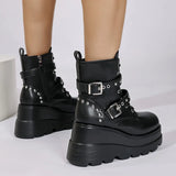 Pbong  Women's Gothic Chunky Platform Ankle Boots Thick Bottom Wedges PU Leather Combat Shoes Woman Rivet Buckle Decor Black Punk Boots