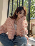 Mohair Sweet Pink Cardigan Sweater Women Elegant Lazy Wind Chic Knitted Coat Loose Long Sleeve Fashion High Quality Tops