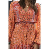 Pbong  Pink Vintage Floral Dresses for Women Boho Hippie Mini V-neck Sexy Button Front Long Sleeve Ruffles Dress New