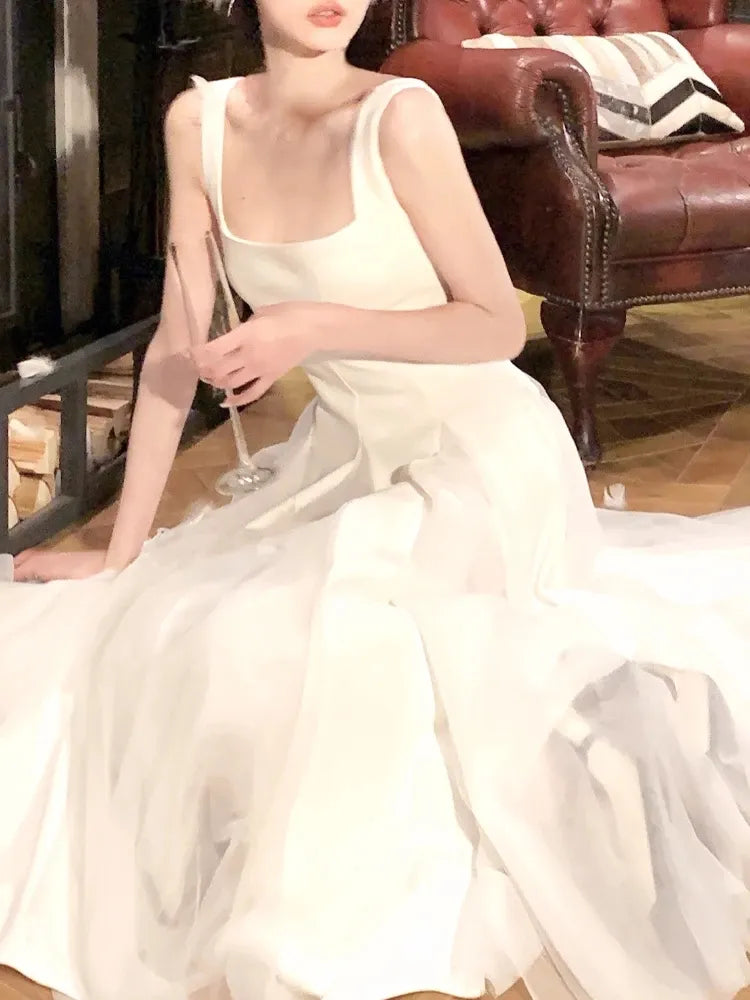 Summer Elegant Y2k White Mini Dress Women Fairy Evening Party Strap Dress Retro Sleeveless Mesh Dress Korean Vestido Sundress