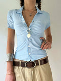 Blue Stripe Short Sleeve Shirts For Women Button Up Turn Down Collar Slim Simple Casual Preppy Tops Basic Summer Tees